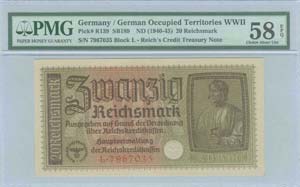 GREECE: 20 Reichsmark (ND 1940-45) in dark ... 