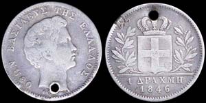 GREECE: 1 holed Drachma (1846) (type I) in ... 