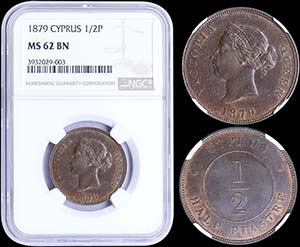 CYPRUS: 1/2 Piastre (1879) in bronze. Obv: ... 