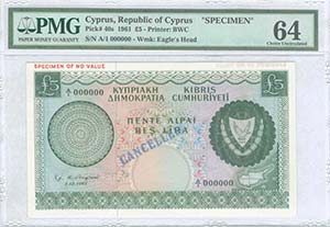  BANKNOTES OF CYPRUS - CYPRUS: Specimen of 5 ... 