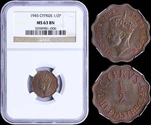 CYPRUS: 1/2 Piastre (1945) in bronze. Obv: ... 
