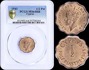 CYPRUS: 1/2 Piastre (1943) in bronze. Obv: ... 
