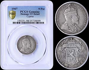 CYPRUS: 9 Piastres (1907) in silver (0,925). ... 