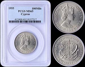 CYPRUS: 100 Mils (1955) in copper-nickel. ... 