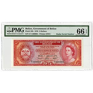 Belize, $5, P-35b, Issued banknote, Red on ... 